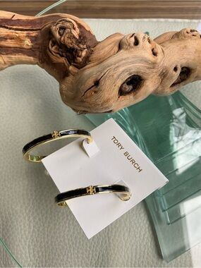 Tory Burch Black and Gold Enamel Hoop Earrings